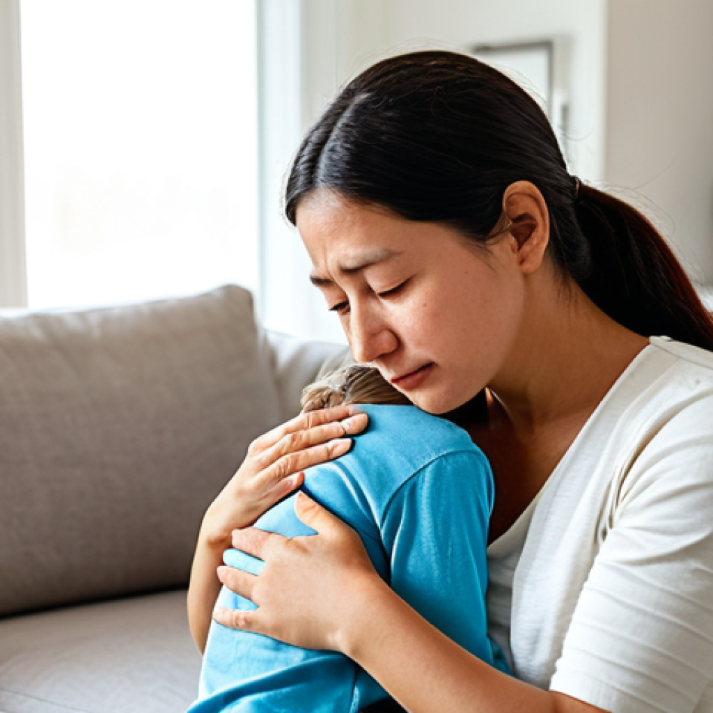 A caring mother gently comforting her young child, who is receiving calm attention for a minor nosebleed, in a bright, family-friendly living room. The mother has a serene, reassuring expression, and the child looks slightly anxious but is visibly comforted in her embrace. Both are fully clothed in modest, appropriate attire. The scene emphasizes warmth, parental care, and a sense of safety. Perfect anatomy, correct proportions, natural pose, well-formed hands, proper finger count, natural body proportions. Professional photography, high quality, soft natural light, safe for work, appropriate content, family-friendly.