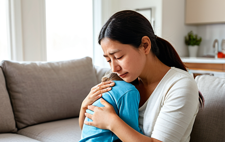 A caring mother gently comforting her young child, who is receiving calm attention for a minor nosebleed, in a bright, family-friendly living room. The mother has a serene, reassuring expression, and the child looks slightly anxious but is visibly comforted in her embrace. Both are fully clothed in modest, appropriate attire. The scene emphasizes warmth, parental care, and a sense of safety. Perfect anatomy, correct proportions, natural pose, well-formed hands, proper finger count, natural body proportions. Professional photography, high quality, soft natural light, safe for work, appropriate content, family-friendly.