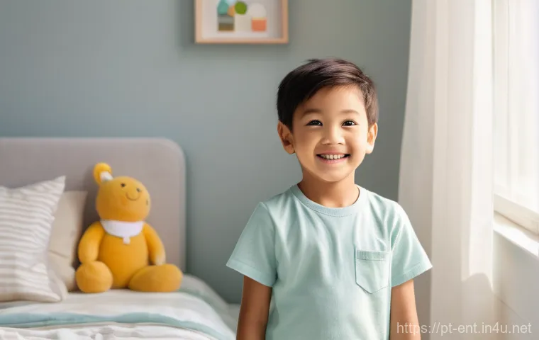 소아 비염 완화를 위한 천연 요법 - **Prompt:** A cheerful child, approximately 6-7 years old, dressed in comfortable, light play clothe...