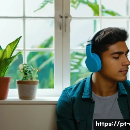 Home 33 갑작스러운 이명 발생 시 대처법 - A detailed scene of a young Brazilian man wearing noise-cancelling headphones, sitting peacefully in...