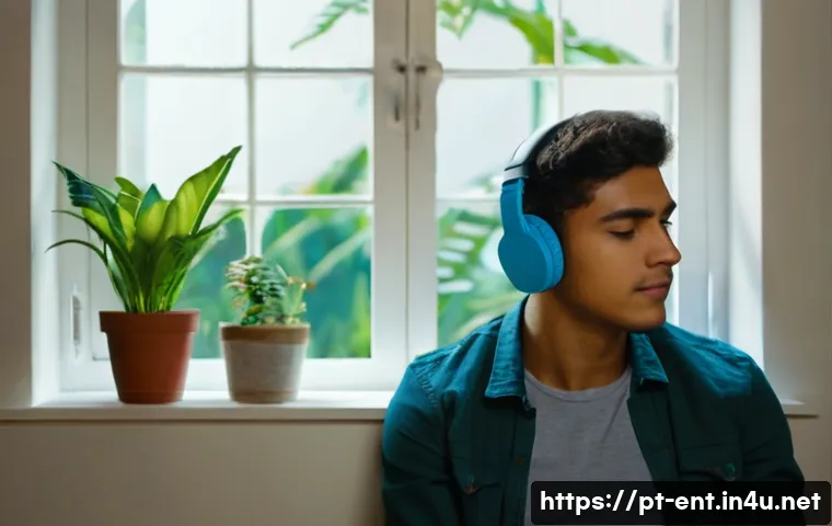 갑작스러운 이명 발생 시 대처법 - A detailed scene of a young Brazilian man wearing noise-cancelling headphones, sitting peacefully in...