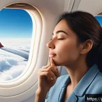 Home 18 귀 압력 차이로 인한 통증 대처법 - A detailed and realistic illustration of a young adult woman sitting inside an airplane cabin, demon...