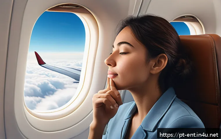 귀 압력 차이로 인한 통증 대처법 - A detailed and realistic illustration of a young adult woman sitting inside an airplane cabin, demon...