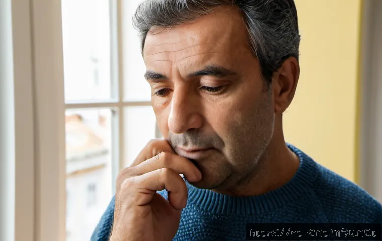 Home 17 목소리 변화와 성대 이상 신호 - Photorealistic close-up of a middle-aged Portuguese-speaking man at home gently touching the front o...
